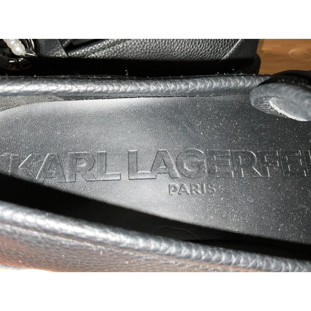 Karl Lagerfeld Paris Gemsy Black Leather Pearl Chain Lug Sole Loafers 11M 42B